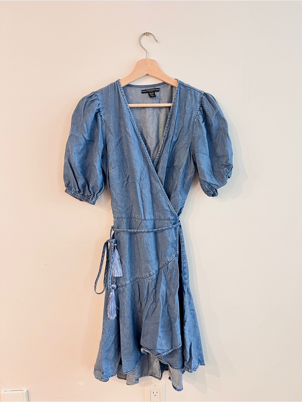 Guess Light Blue Denim Wrap Midi Dress with Puff Sleeves